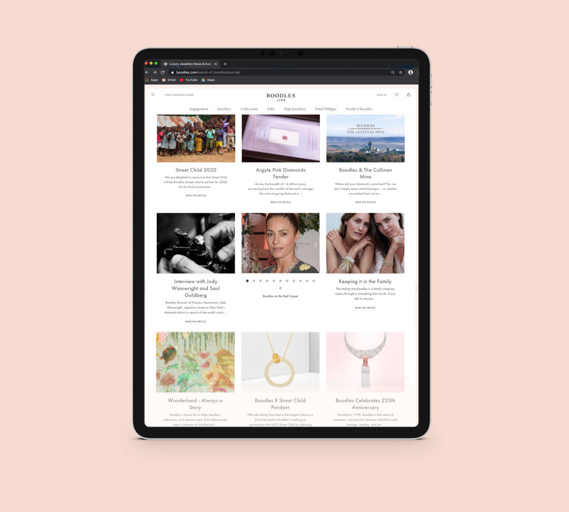 A screen grab of the Boodles blog page on an IPad.