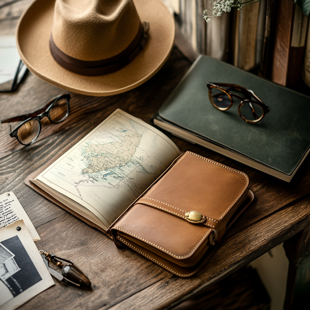 A fedora, two pairs of glasses, and a leather journal with an open map rest on a rustic wooden table, evoking a sense of travel and adventure.