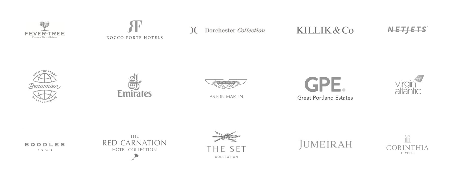 Luxury Hospitality Brand Logos, including Rocco Forte Hotels, The Set Collection, and Jumeirah