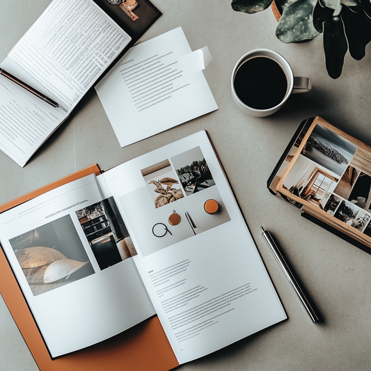 An overhead view of a writer's workspace with an open documents, a cup of coffee, and a pen, surrounded by decorative plants.