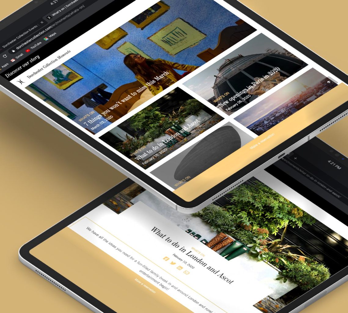 A screen grab of The Dorchester blog page on two IPad screens.