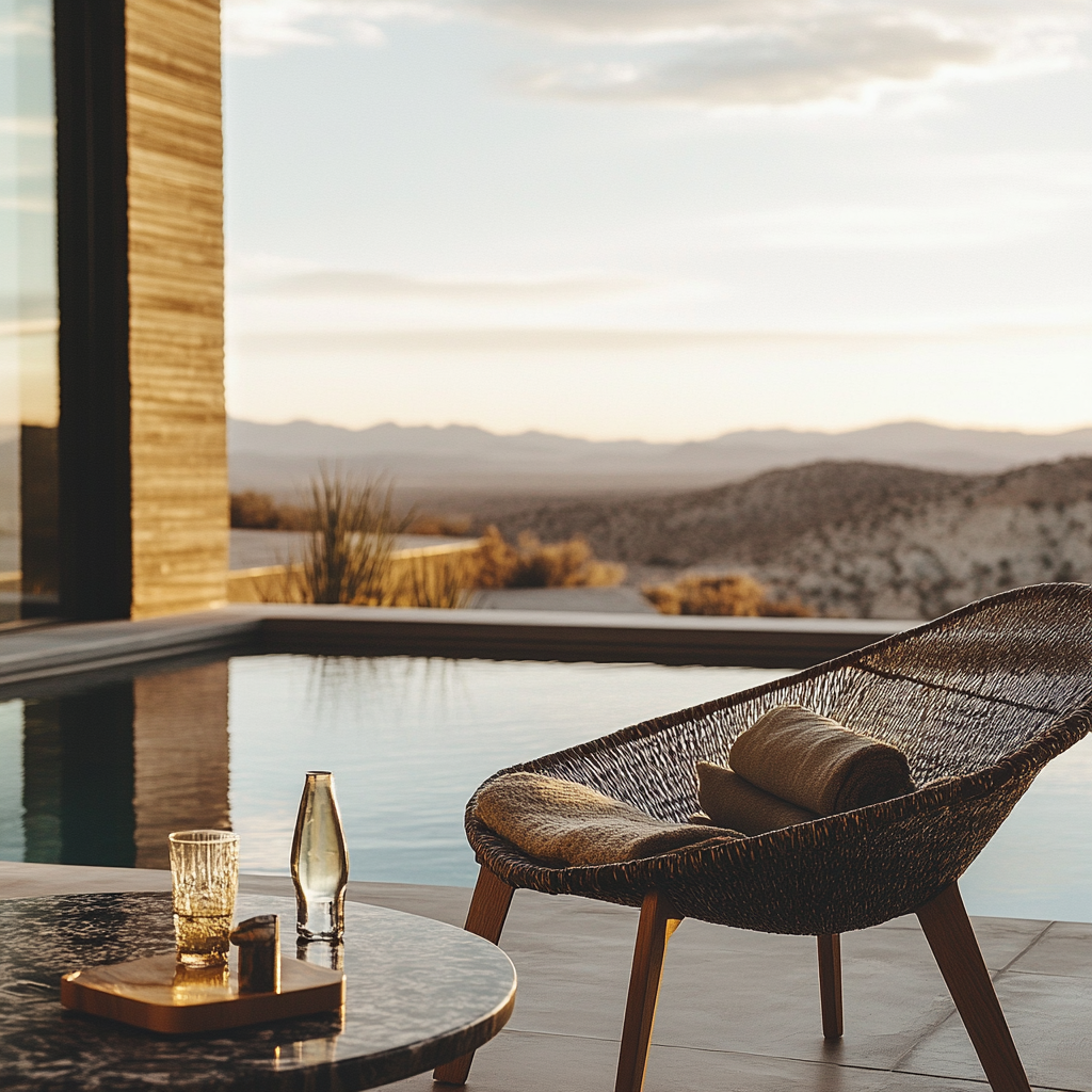 A relaxing poolside lounge chair with towels overlooks a beautiful desert landscape with rolling hills at sunset.