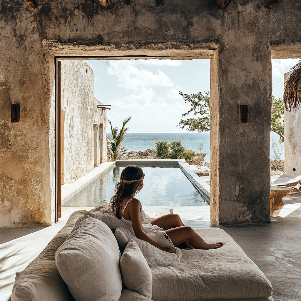 A woman relaxing on a daybed inside a rustic, minimalist room with rough concrete walls, looking out at an infinity pool and the ocean view.