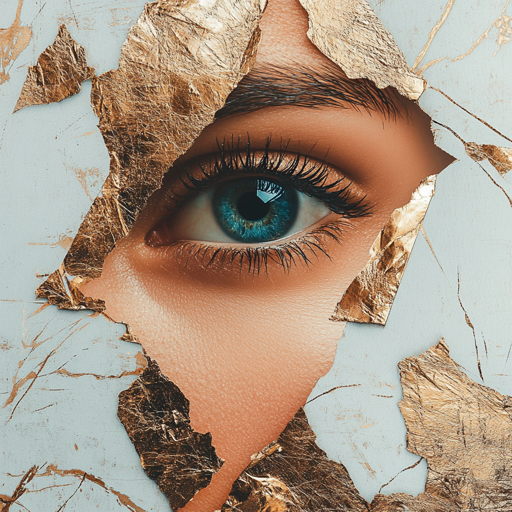 A close-up of a vibrant blue eye with long, dark eyelashes, framed by torn pieces of gold foil against a light background.