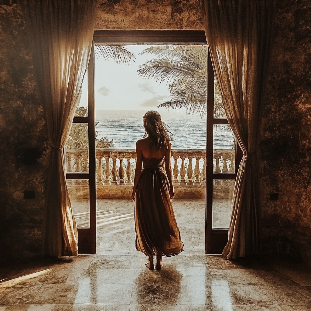 A woman in a long dress stands on a balcony, gazing at the ocean at sunset.