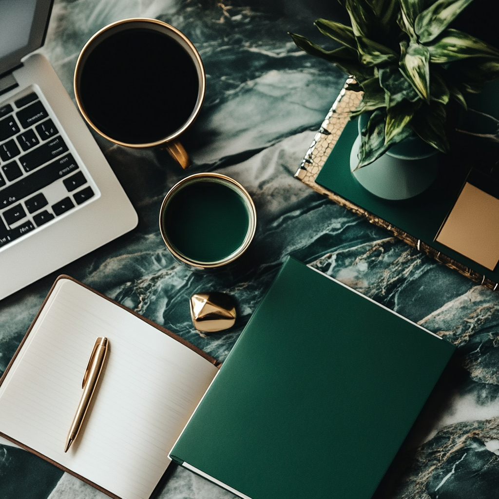 An overhead view of a green marbled desk, with a green notebook, a laptop, cup of coffee and plants.