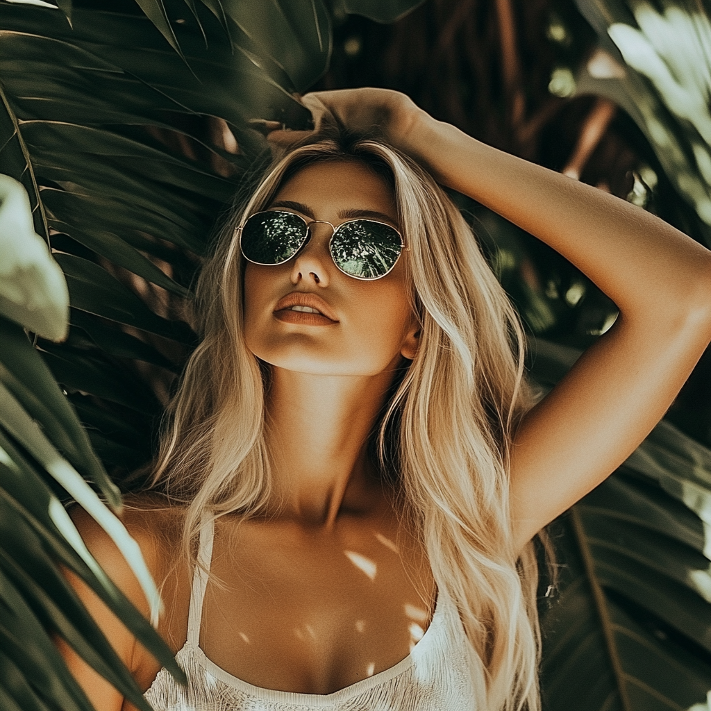A woman with long, blonde hair and tinted sunglasses standing amongst palm trees.