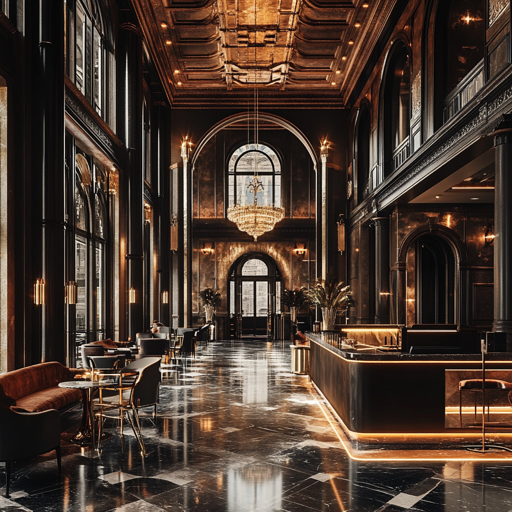 A luxurious, grand hotel lobby with a high, ornate ceiling, a large chandelier, and a black marble floor reflecting the light.