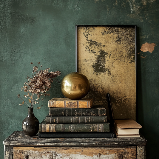 A still life setup featuring a brass globe, dried flowers in a vase, and a stack of old books, arranged on a wooden surface with a framed, old map in the background.