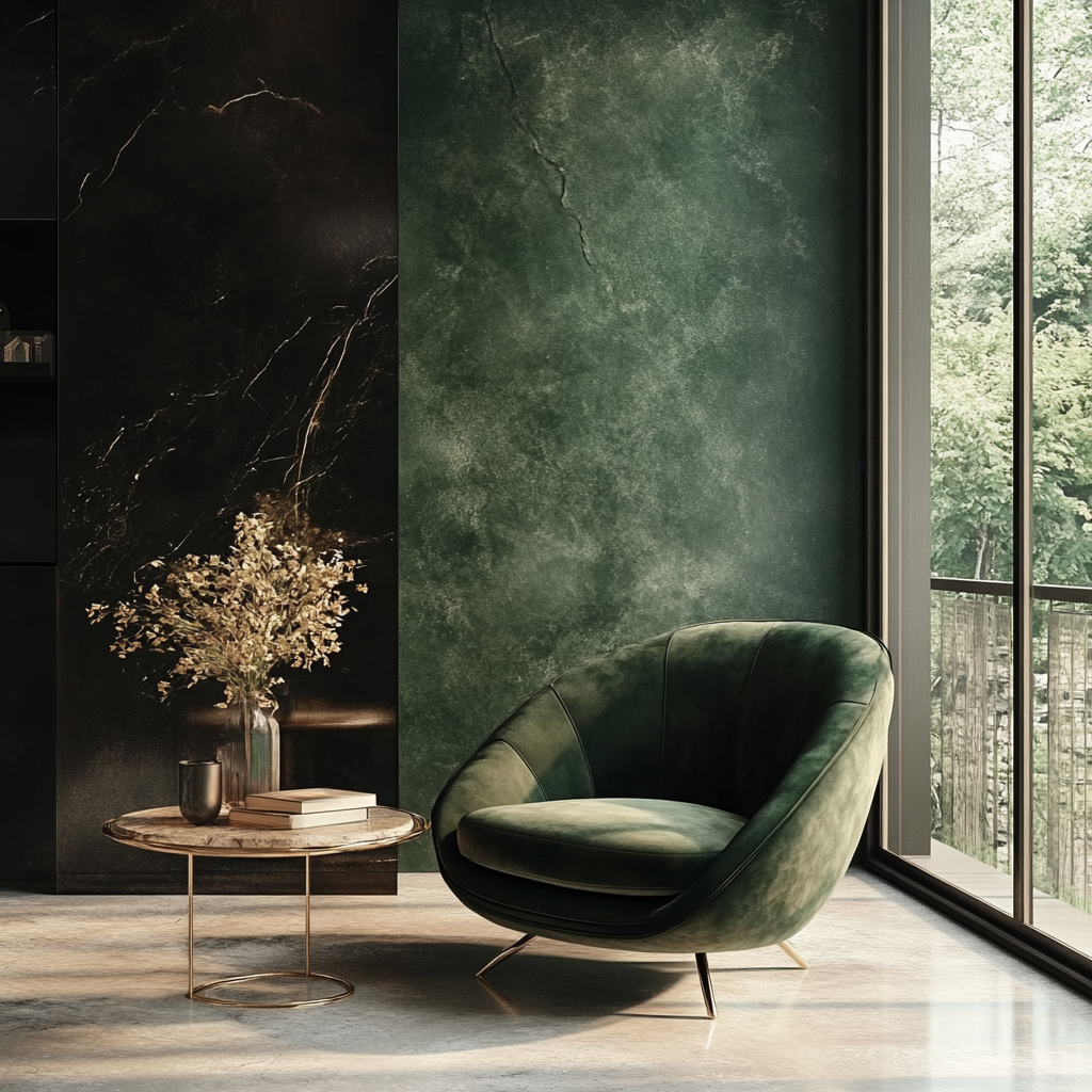 A cosy corner with a plush, green velvet armchair next to a small marble-topped table, set against a dark, textured wall.