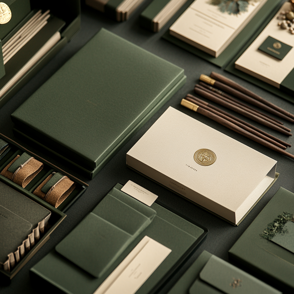 Image of a dark green stationery set on a Creative Writer's Desk