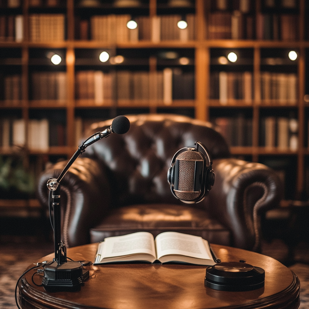 A cosy study with a vintage microphone and headphones on a table in front of a leather armchair and bookshelves.