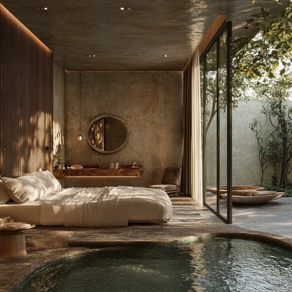A tranquil bedroom with a sunken pool, large windows, and an outdoor courtyard bathed in warm, dappled sunlight.
