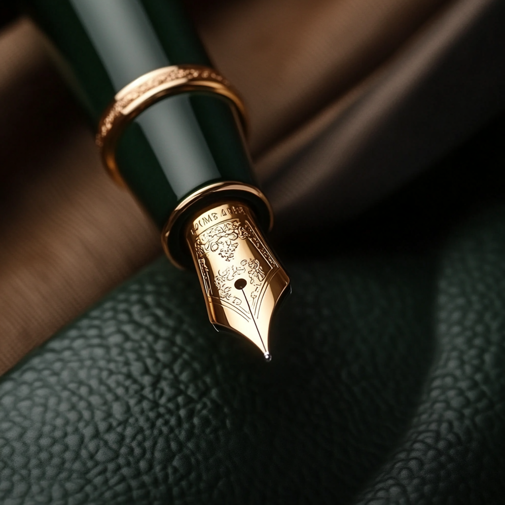 A close-up of a green and gold fountain pen with an ornate nib resting on a textured leather surface.