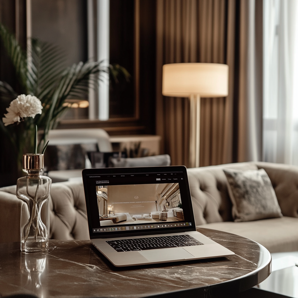 A laptop displaying a hotel room is on a marble table in a luxurious living room with a beige sofa and a floor lamp.