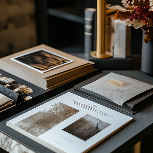 A professional setting with books and documents neatly arranged, possibly depicting a service related to content creation or marketing.