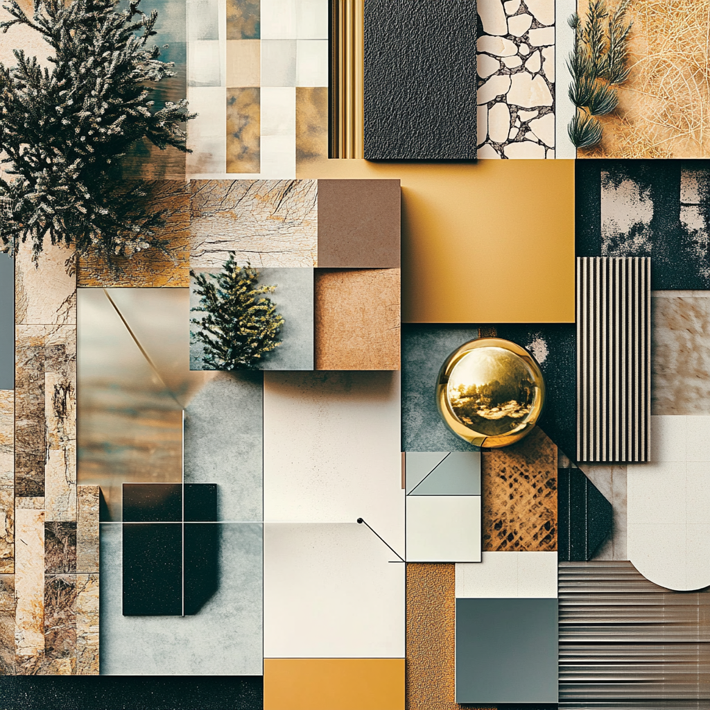 A collage of various design elements and textures, including fabrics and geometric shapes, possibly representing a brand's visual identity or a design portfolio.